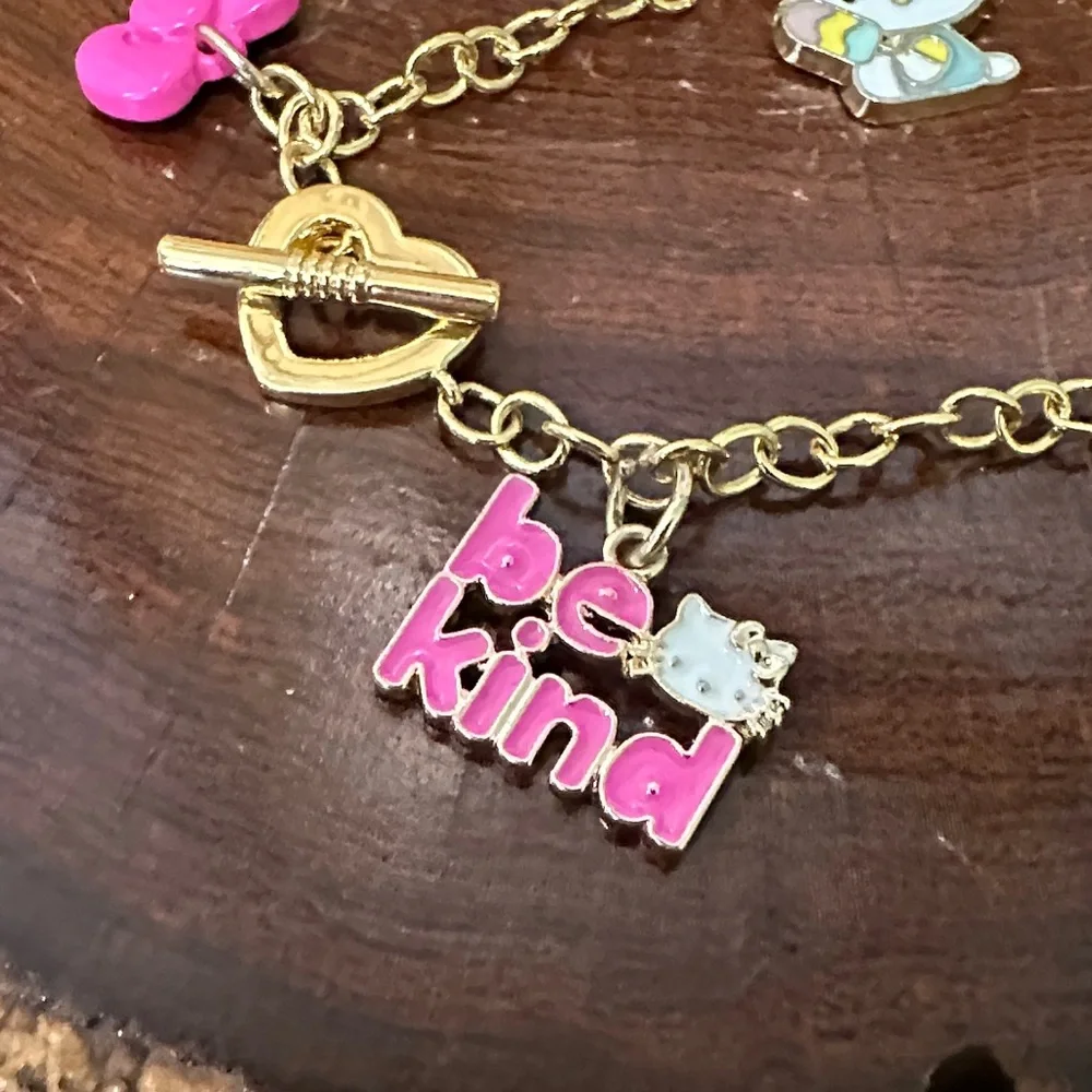 Hello Kitty Gold Bracelet with Pink and Rainbow Charms Heart Tiffany Clasp